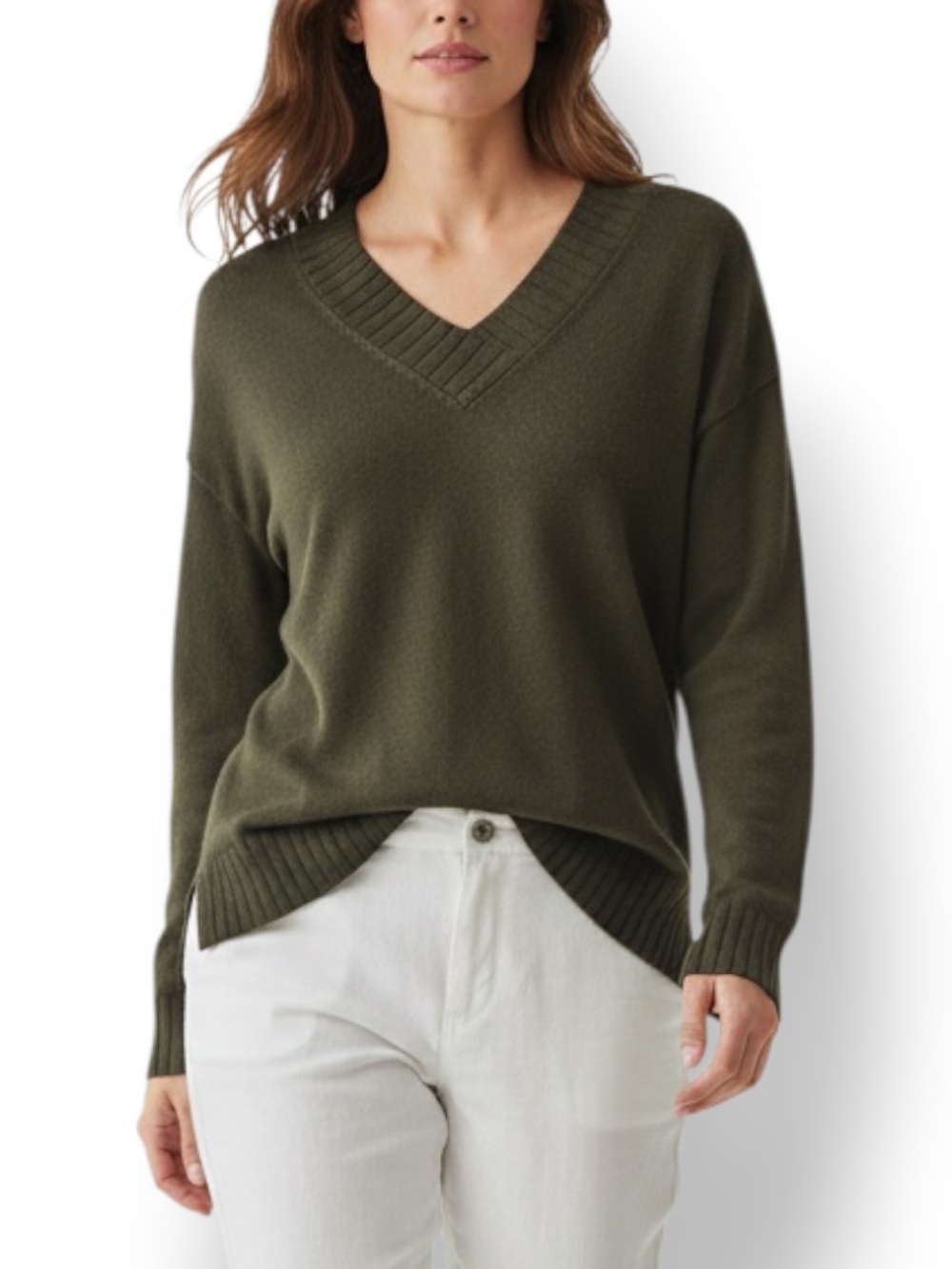 4/$20 Max Studio London Olive Green V-Neck Rib Trim Sweater Top Small